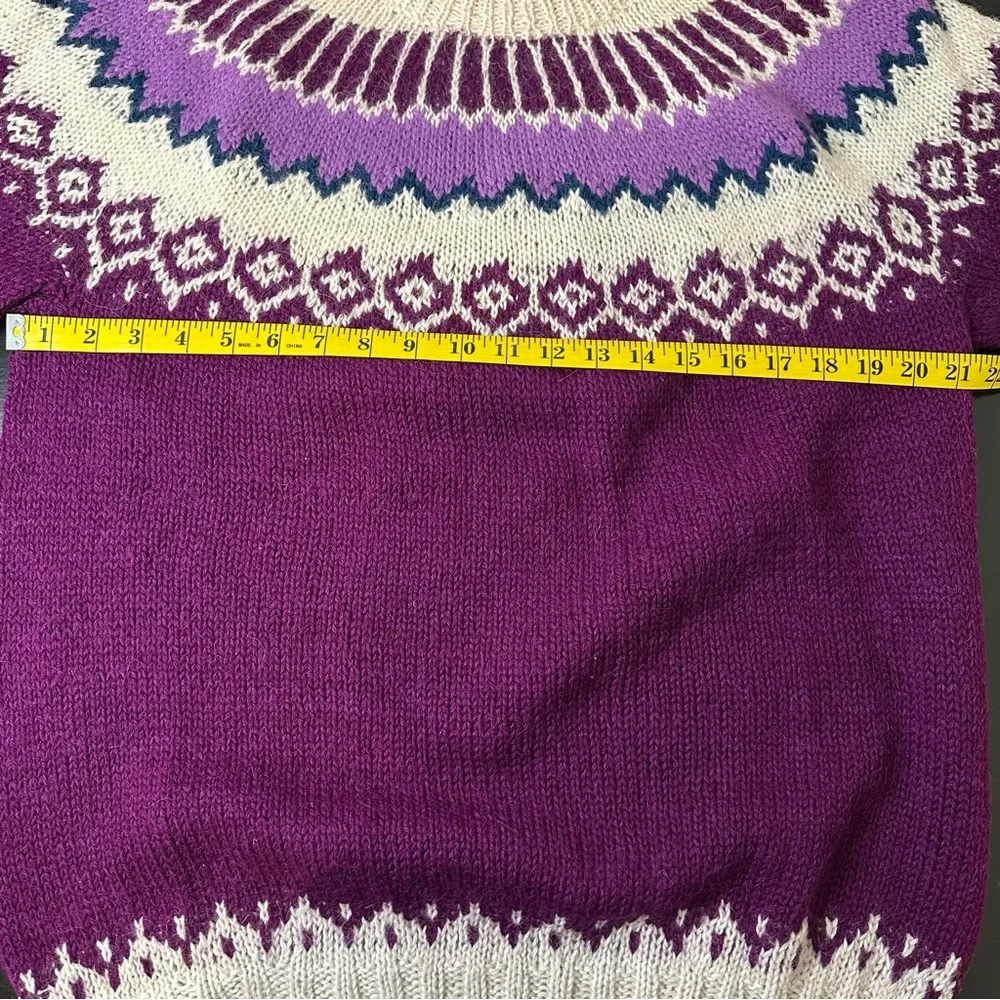 Purple and Cream Hand knitted Wool Women's Sweater - Picture 7 of 8